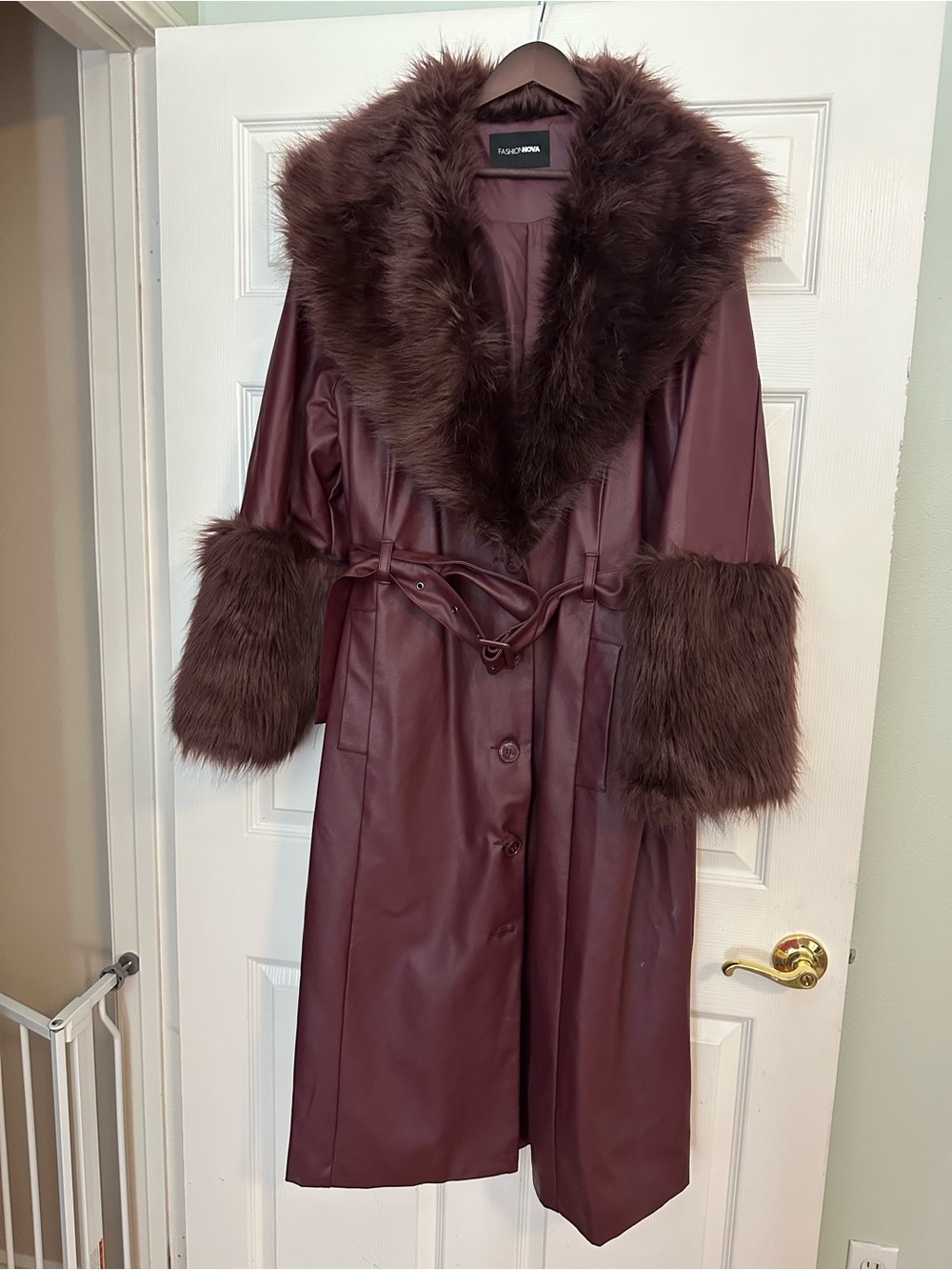 Fashion Nova Deep Burgundy Faux Leather Trench Coat with Faux Fur Trim